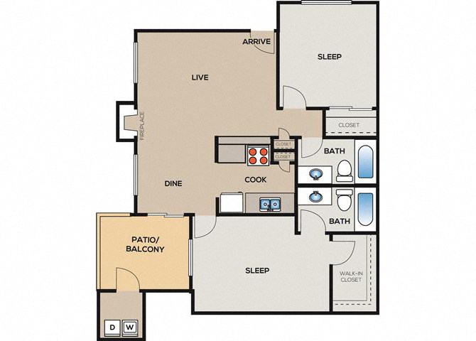 Floor plan for 2 beds, 2 baths, 921 sqft